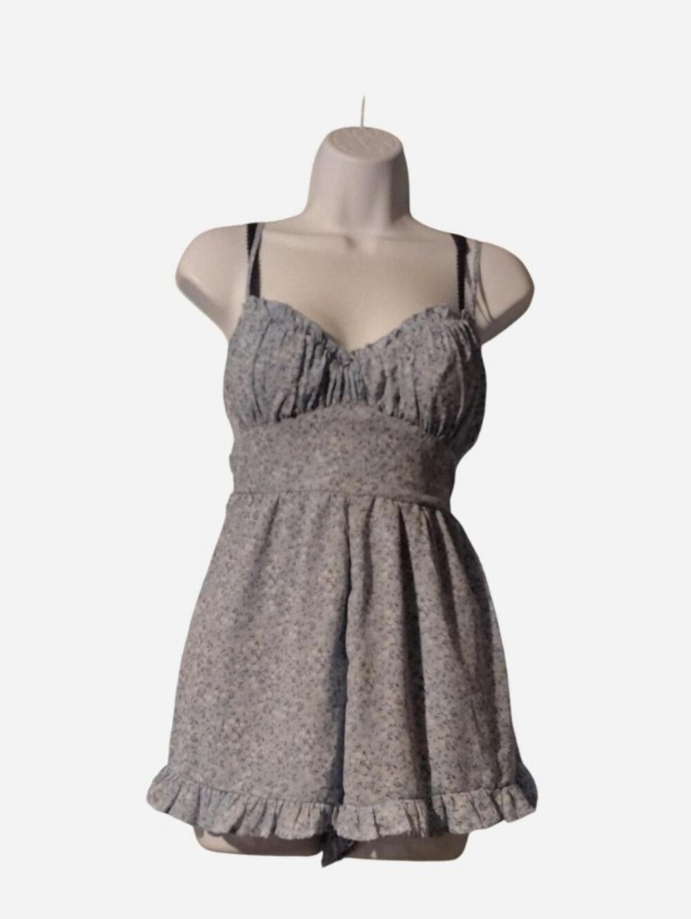 Altar'd State Blue And White Floral Romper with Ruffled Hem